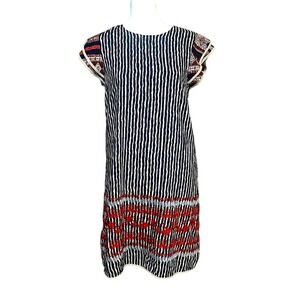 THML Blue Stripe Boho Floral Embroidered Dress sz small ruffle cap sleeve lined